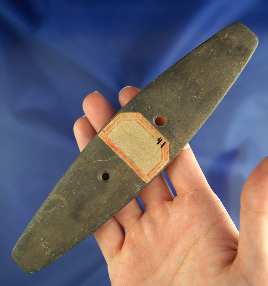 Very large 7 3/16" heavily patinated slate Elliptical Gorget found in Ohio that is broken and glued