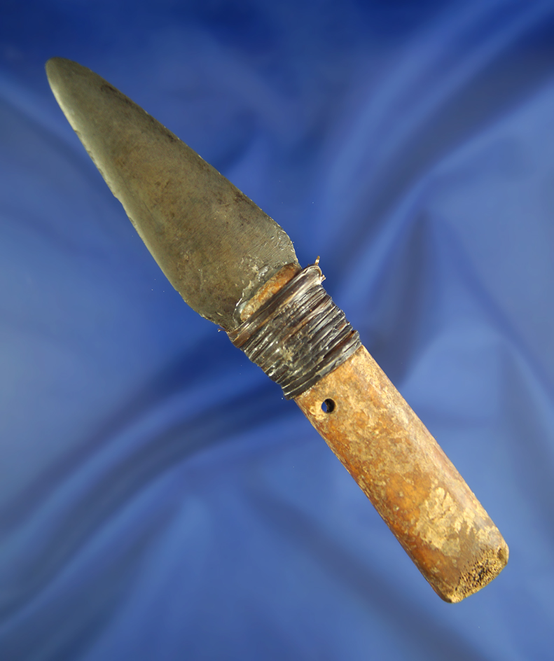 6 1/4" Inuit Knife with a rib bone handle and polished slate blade wrapped with cordage, Alaska.
