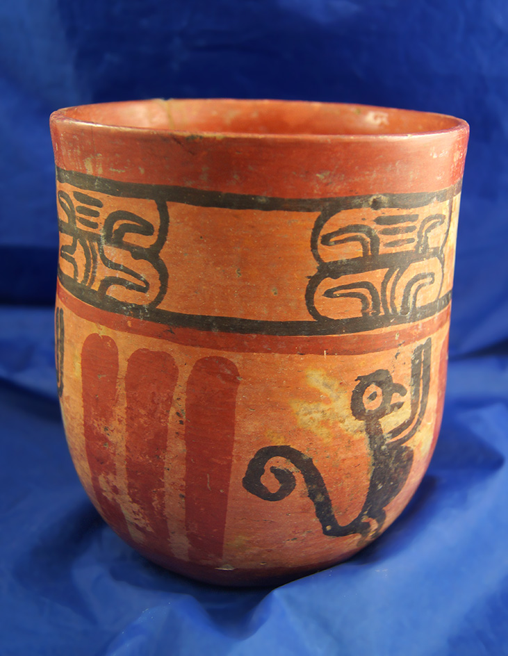 6 3/8" tall nicely decorated Mayan Vase with one sealed crack featuring monkeys - Belize.