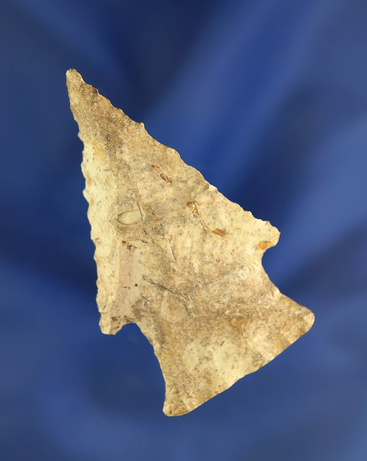 Heavily patinated 2 3/8" steeply Beveled Hardin Barbed found in Missouri.