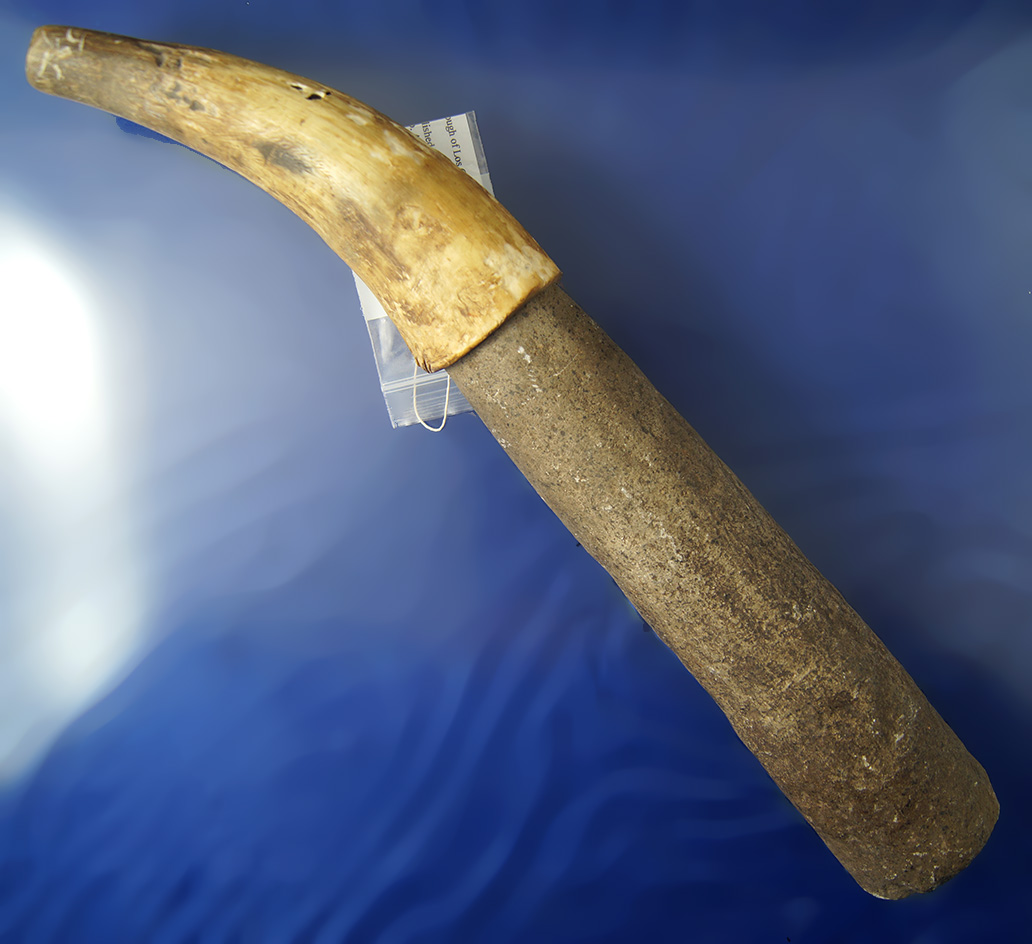 Extremely rare set!  Polished Hardstone Pestle with the ORIGINAL bison horn end-cap.