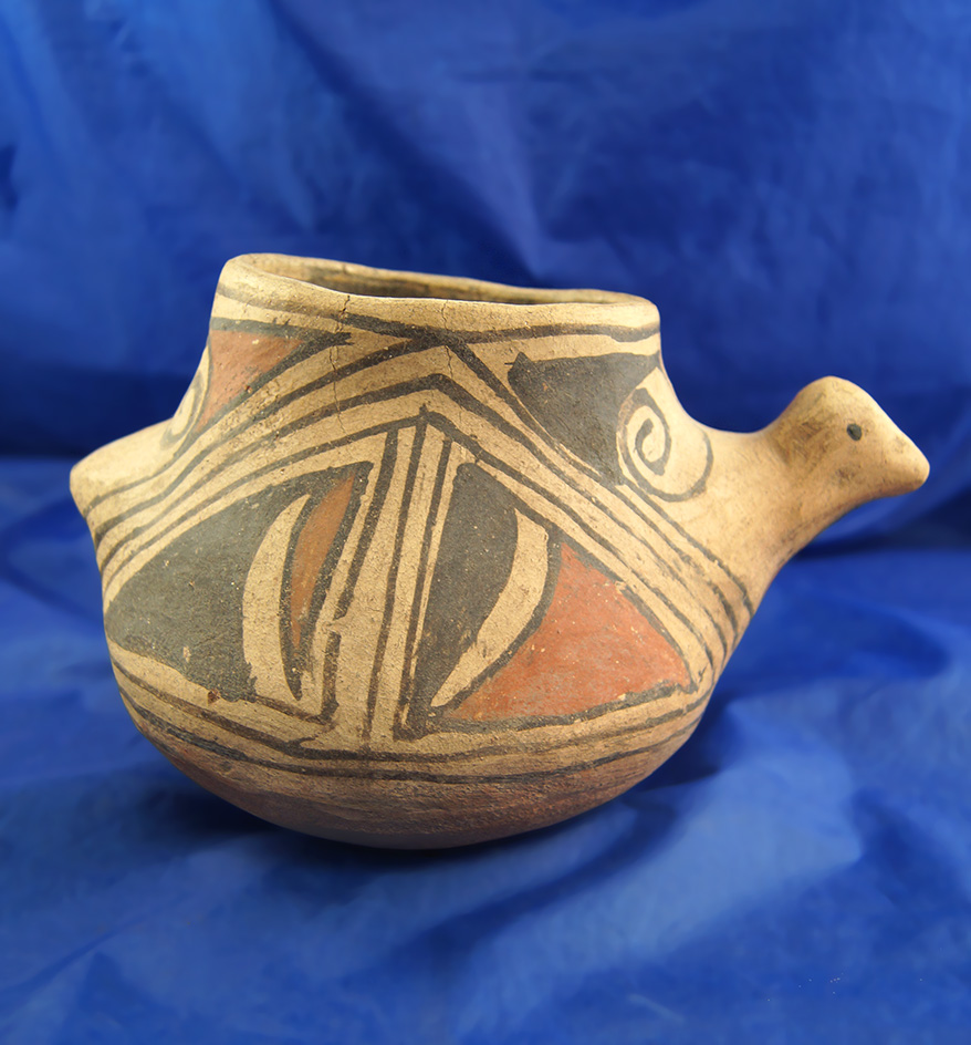 8" long nicely decorated Casas Grande Turkey effigy polychrome bowl found in Mexico.
