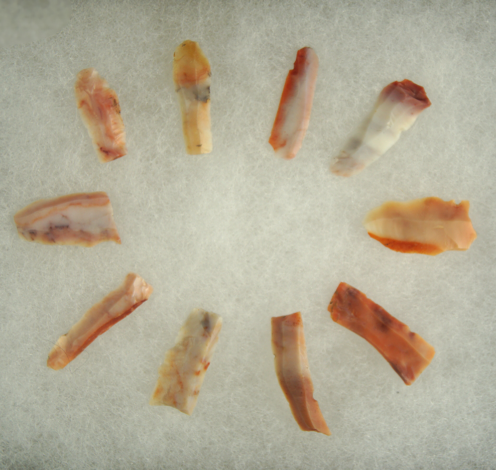 Set of 10 colorful Flint Ridge Flint Hopewell Bladelets found in Licking Co.,  Ohio.