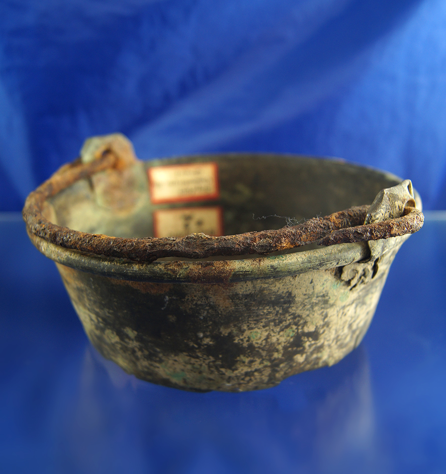 Unique historic artifact! 7"  circa 1750 Seneca Indian brass kettle dug at a site in NY. Pictured.