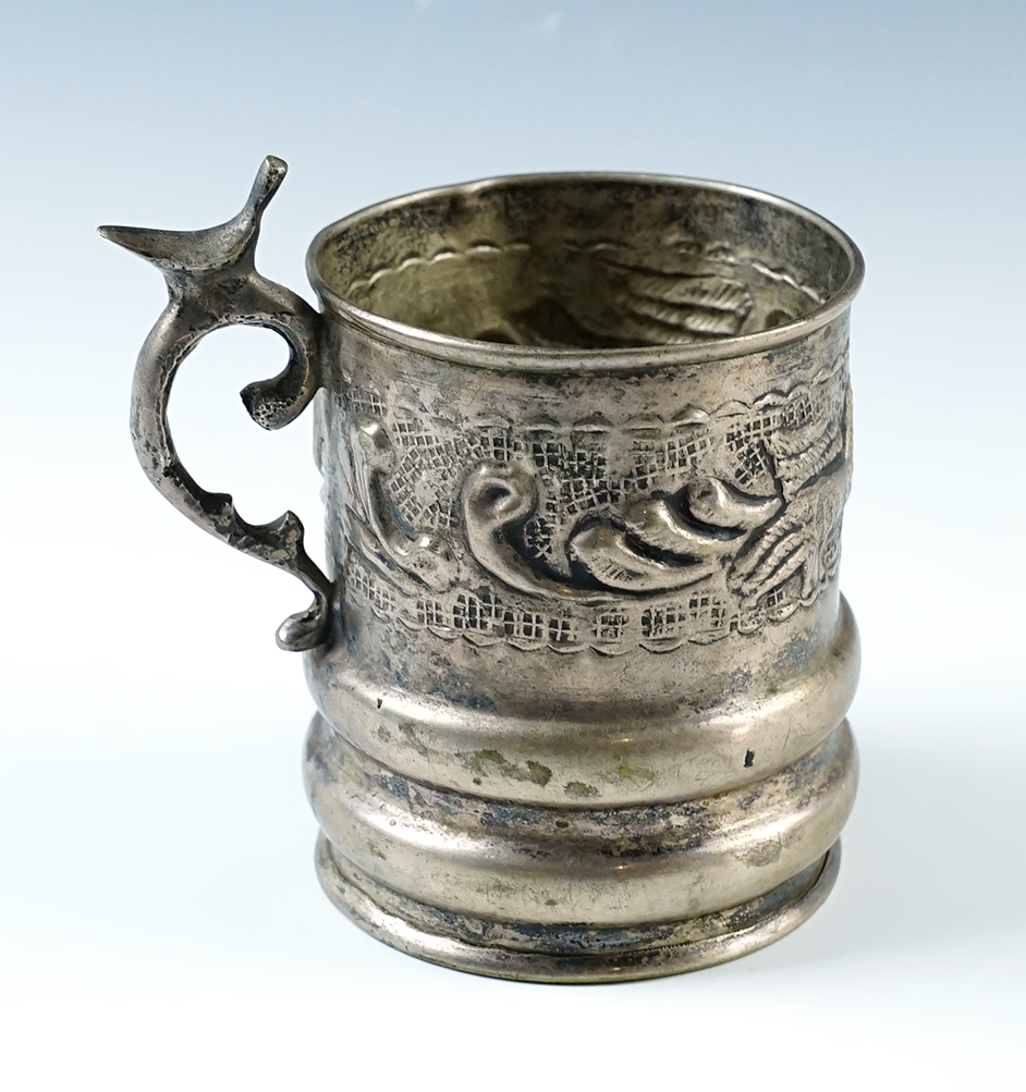 3 1/4" tall x 2 3/4" wide Spanish Colonial nickel silver cup recovered in Cajamarca, Peru. 