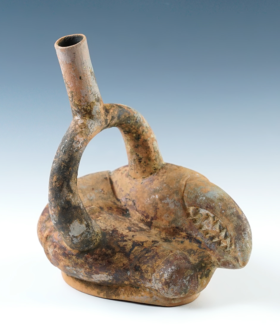 9" tall x 7 1/4" wide highly detailed heavily patinated Moche III Claw Effigy Stirrup Bottle, Peru.