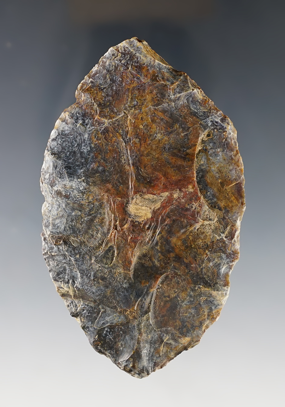 Heavily patinated 3 5/8" Bi-pointed Flint Blade recovered in Cayuga Co., New York.