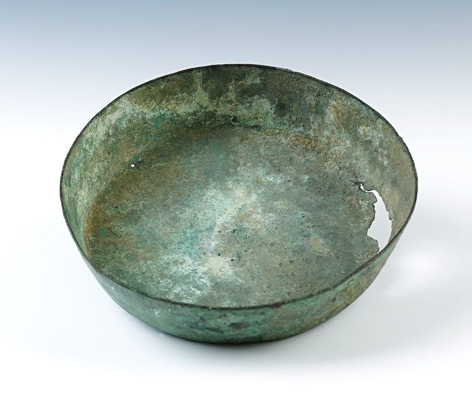 6 3/8" wide x 1 1/2" tall Inca Culture Copper Bowl recovered in Peru.
