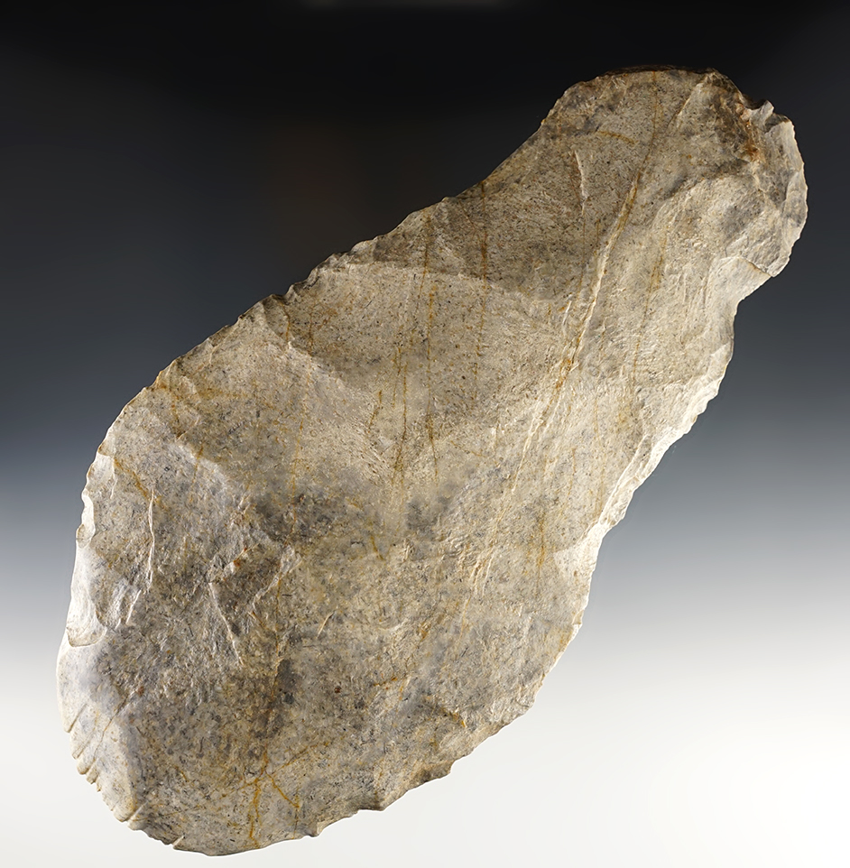 Large  9 1/4" Hoe with heavy use polish found in Saline Co., Illinois. Heavily patinated Flint.