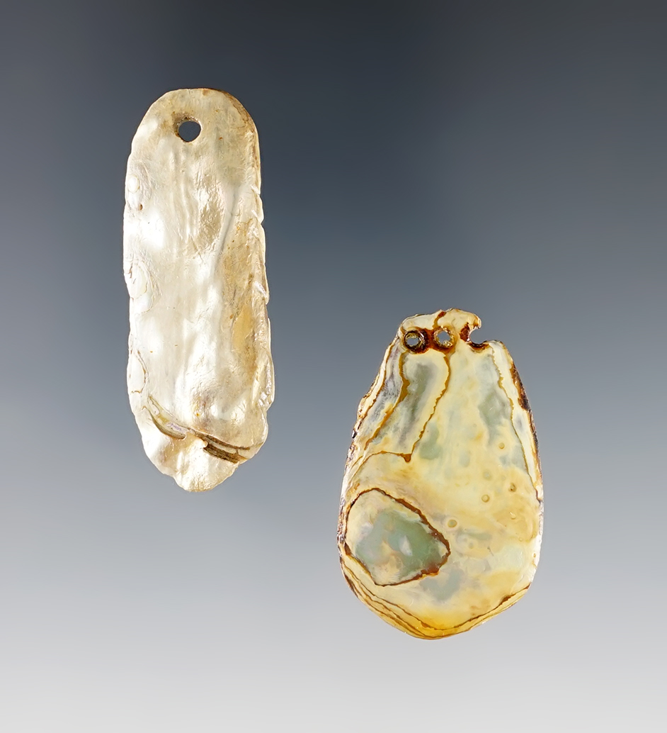 Pair of Abalone Shell Pendants, largest is 1 7/8". Recovered in Colusa Co., California. 