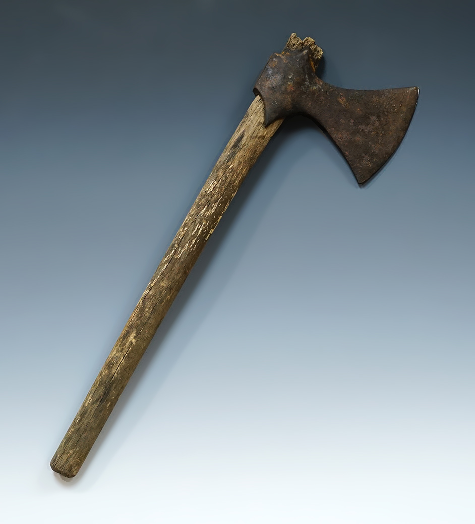 5 1/2" Iron Trade Axe on original 18" wood handle. Ex. Col. Raymond Vietzen Museum.