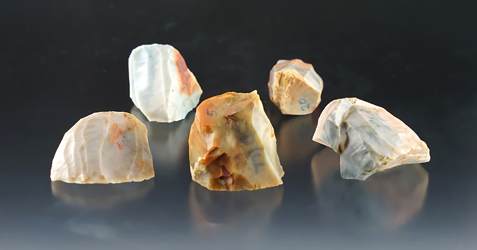 Set of 5 highly colorful Ohio Cores made from Flint Ridge Flint. The largest is 1 15/16".