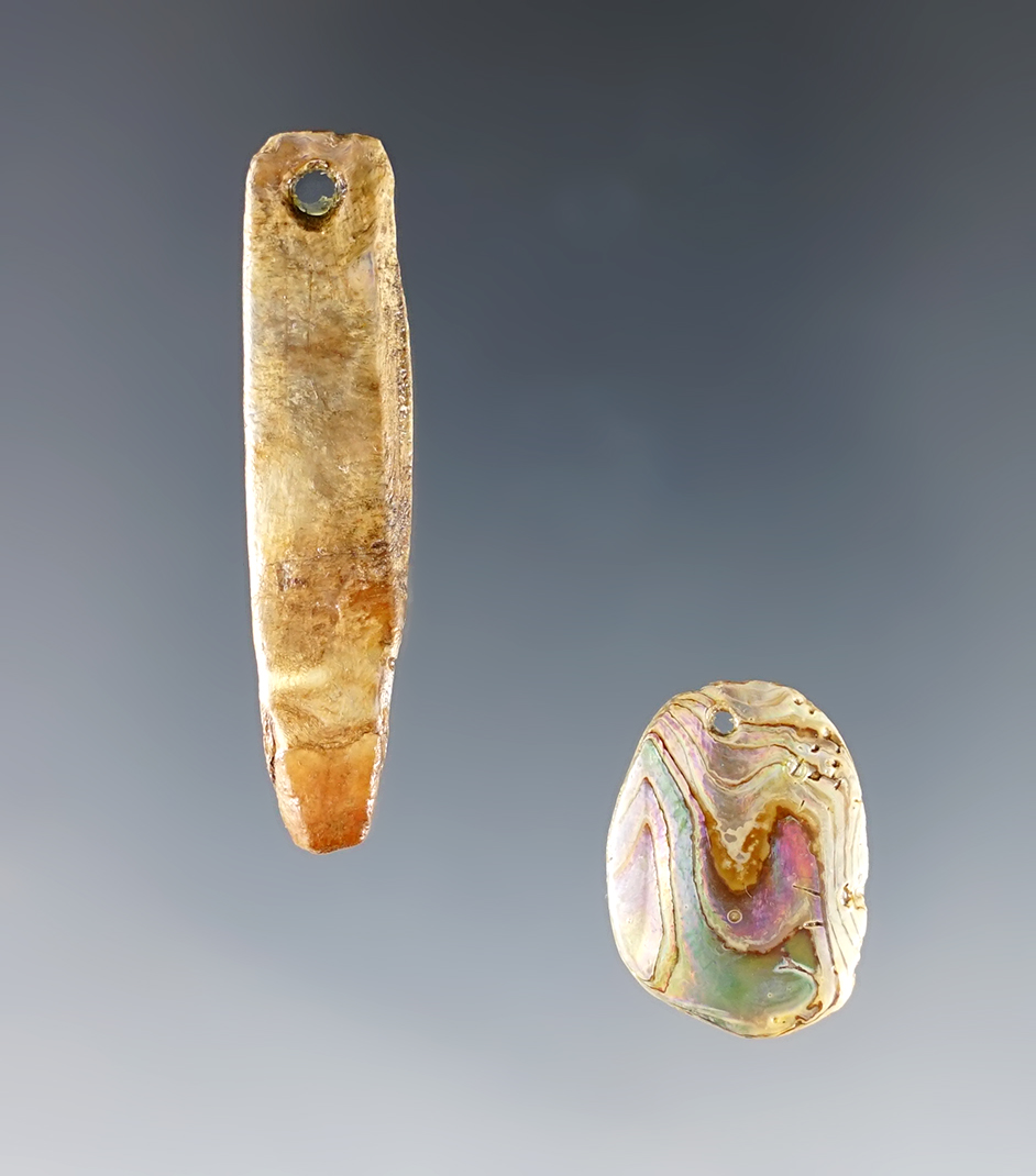 Pair of Abalone Shell Pendants, largest is 1 11/16". Recovered in Colusa Co., California.. 