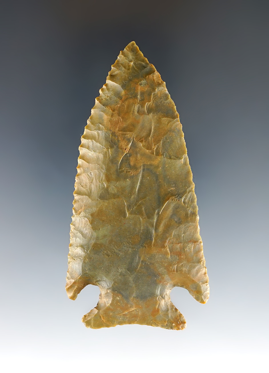 3 3/8" Archaic Cornernotch Beveled Knife with great flaking. Vermillion Co., Indiana.