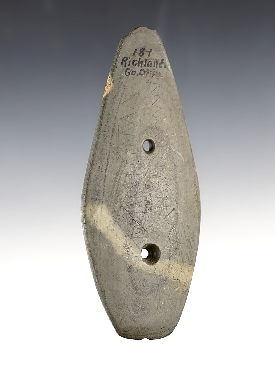 Thin and well made 4 7/8" Gorget that was anciently salvaged - tallies. Richland Co., Ohio.