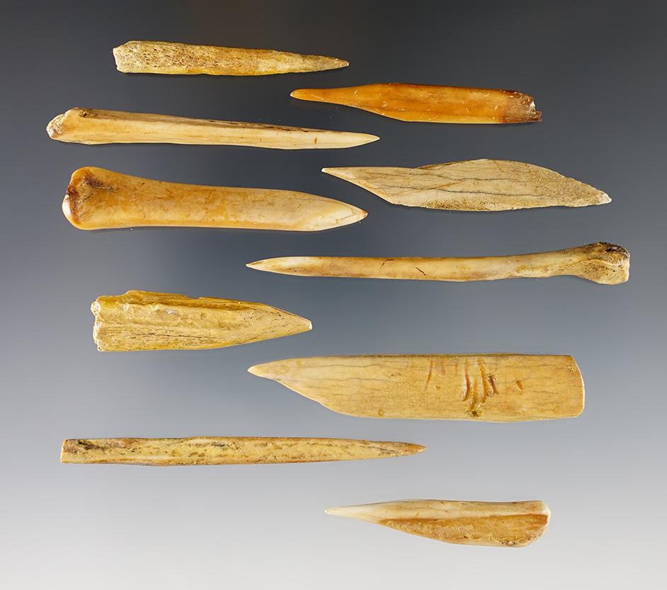 Group of 10 assorted Bone Awls and Projectiles recovered at a site in Colusa Co., California.. 