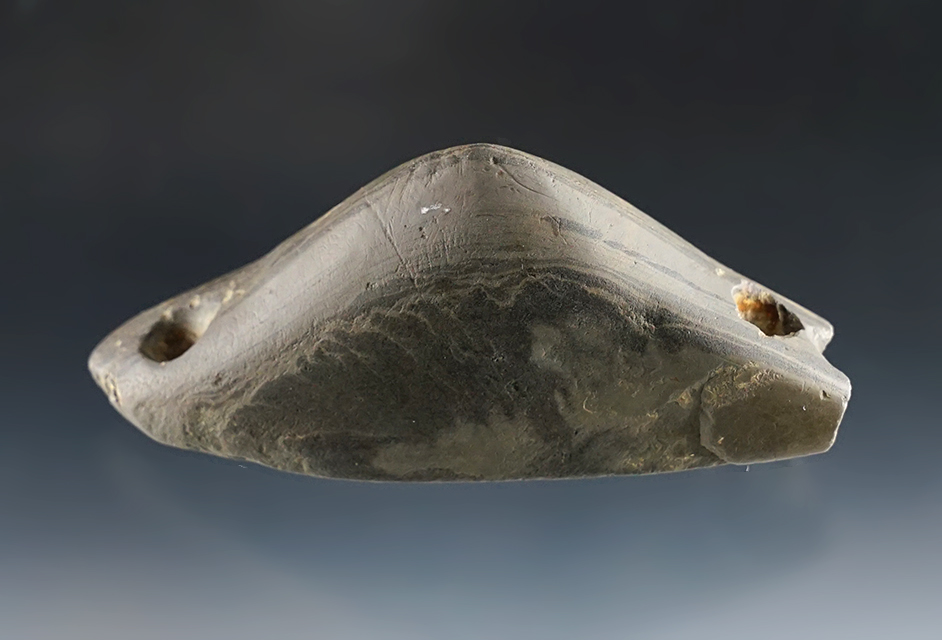 3 5/8" rare salvaged Glacial Kame Humped Gorget. Found in Logan Co., Ohio. Ex. Staley collection.