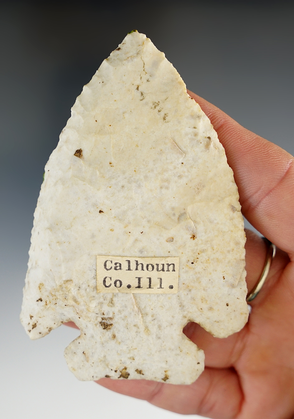 3 1/2" Archaic beveled Thebes point found in Calhoun Co., Illinois.