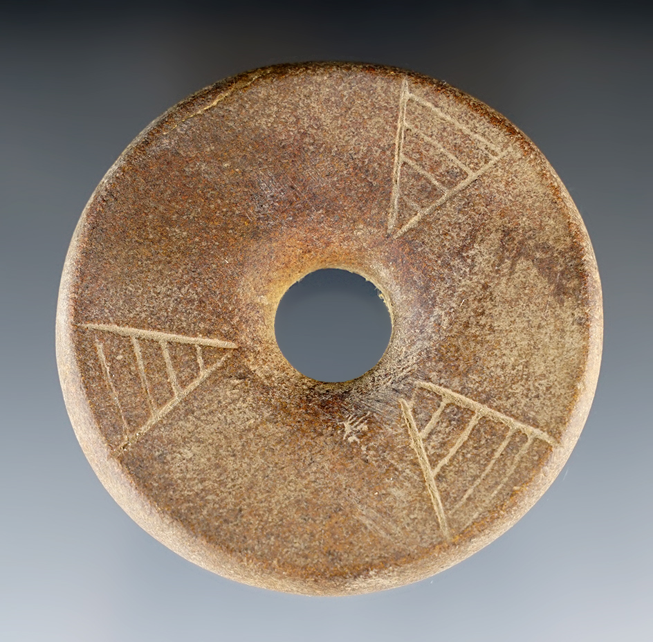 2 1/2" Mississippian Perforated Discoidal with etchings on surface, Kentucky.