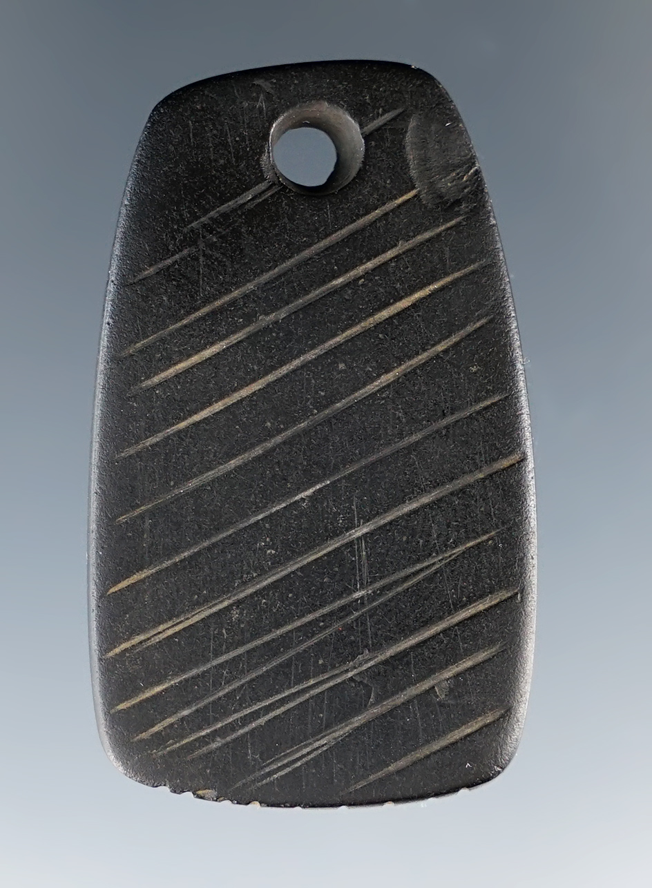 1 11/16" Cannel Coal Pendant with incised line design, Fox Field Site, Kentucky.