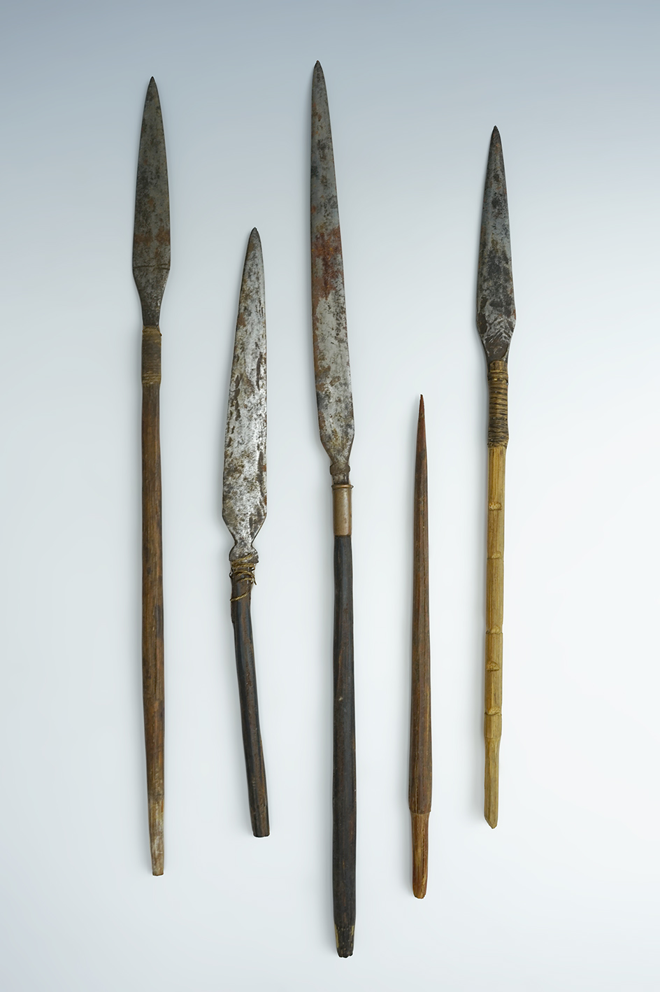 Set of 5 Island Culture Arrow Foreshafts, 4 have metal tips. Largest is 11" long.