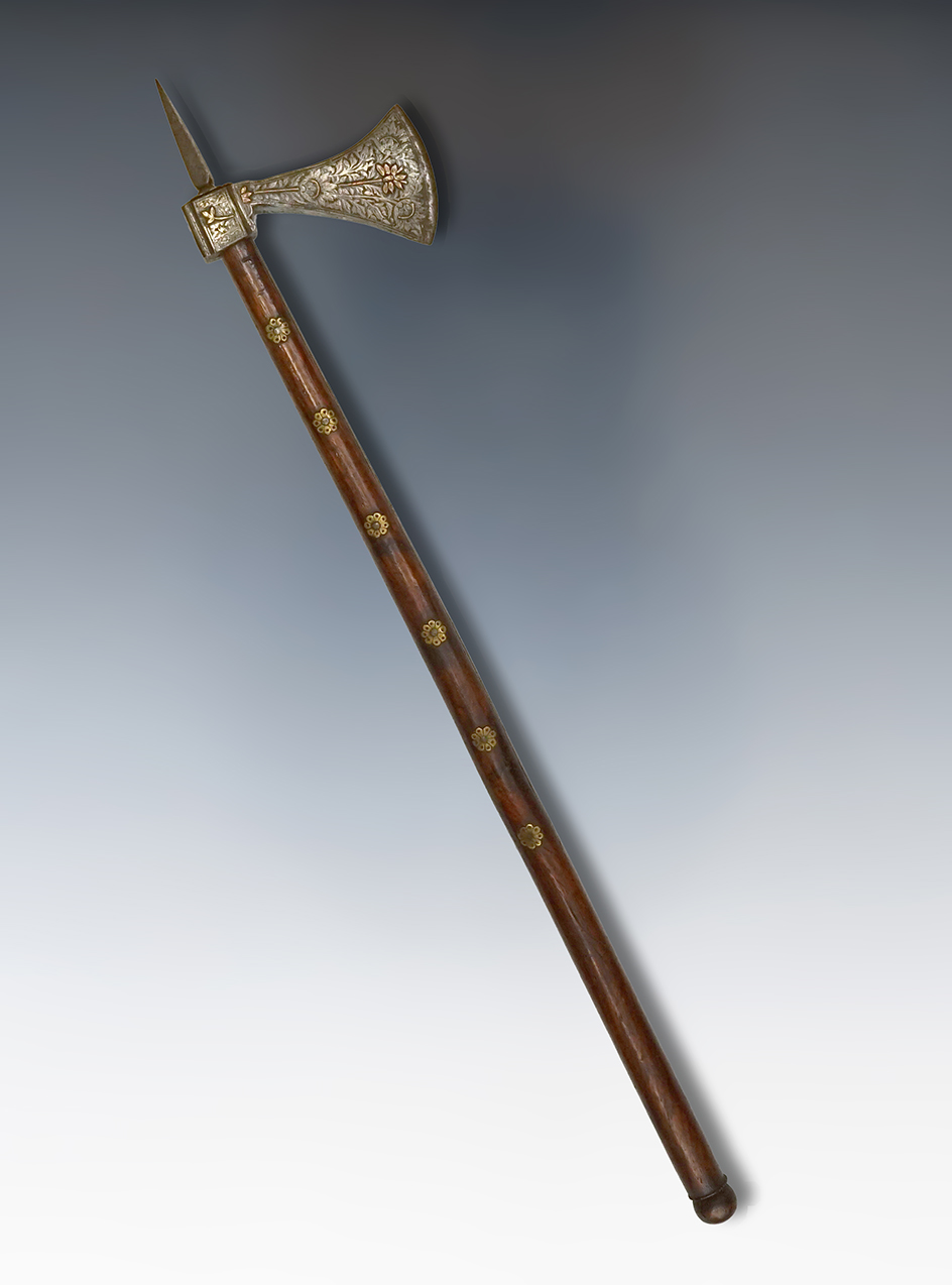 Intricate design on this 26 1/4" long decorated wood handle Axe, South India.