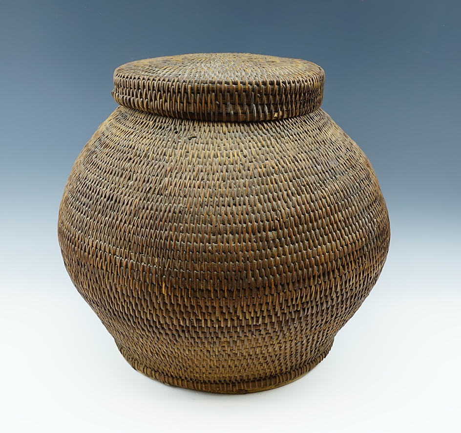 Large and beautifully woven vintage Pemiscot Indian lidded basket, Maine.