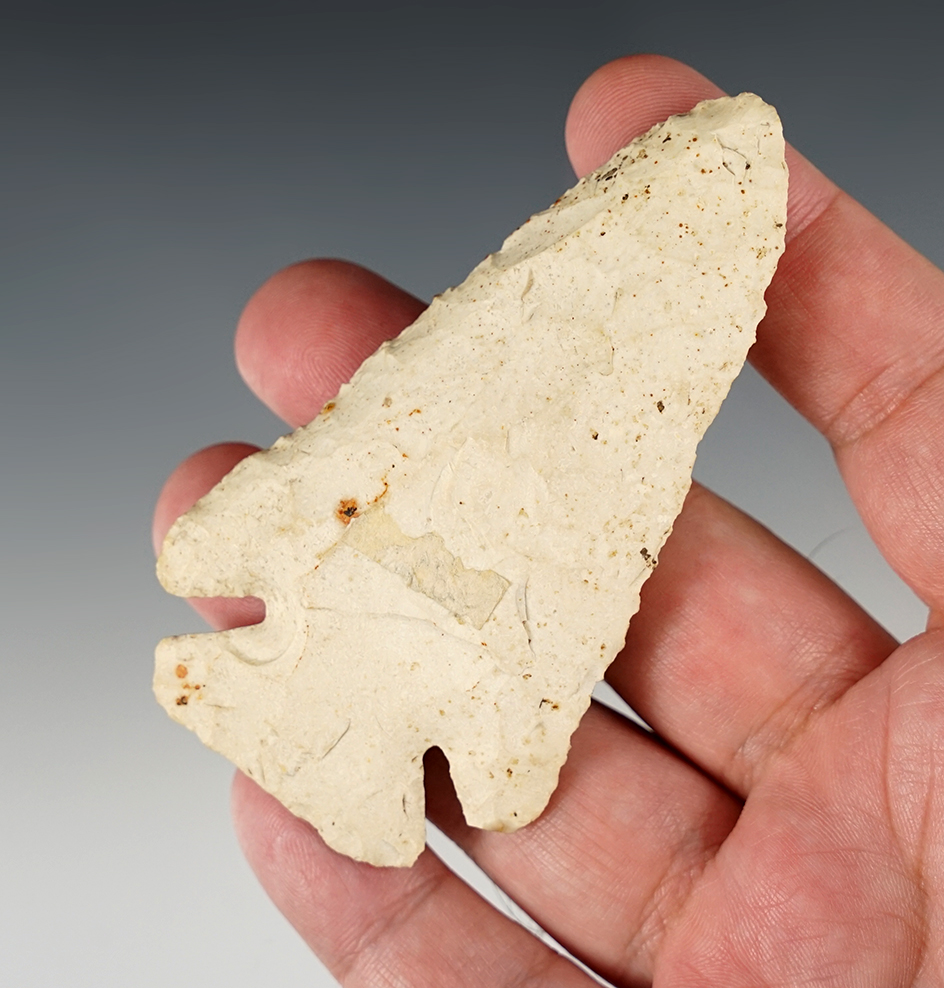 3 9/16" Archaic Bevel from Jefferson Co., Indiana. Made from well patinated flint.