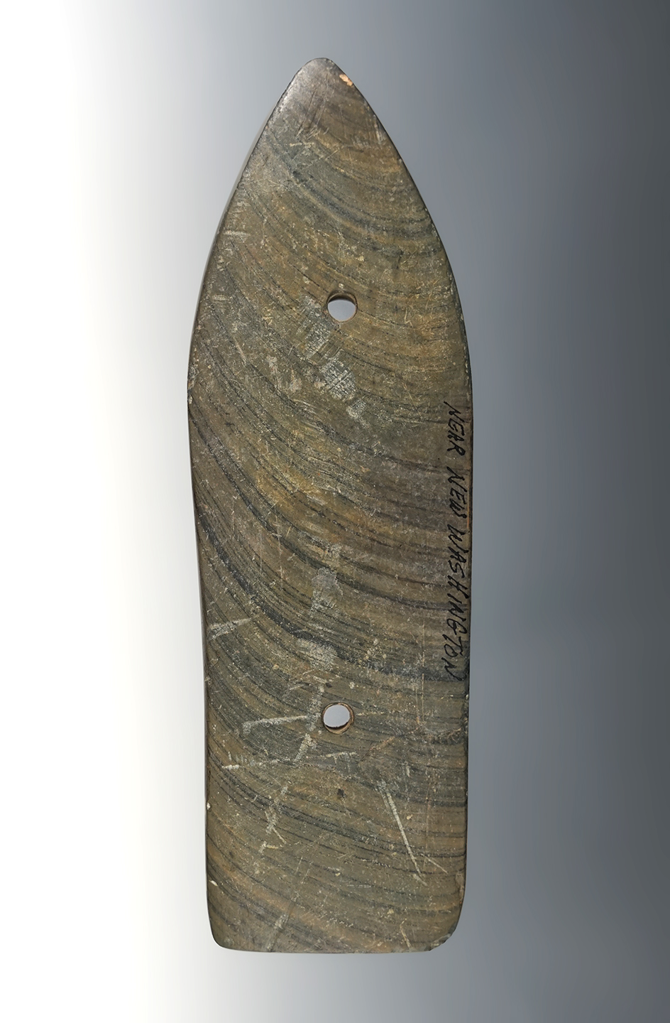 5 8/16" Glacial Kame Sandal Sole Gorget with approx. 1/2" restoration to the tip.