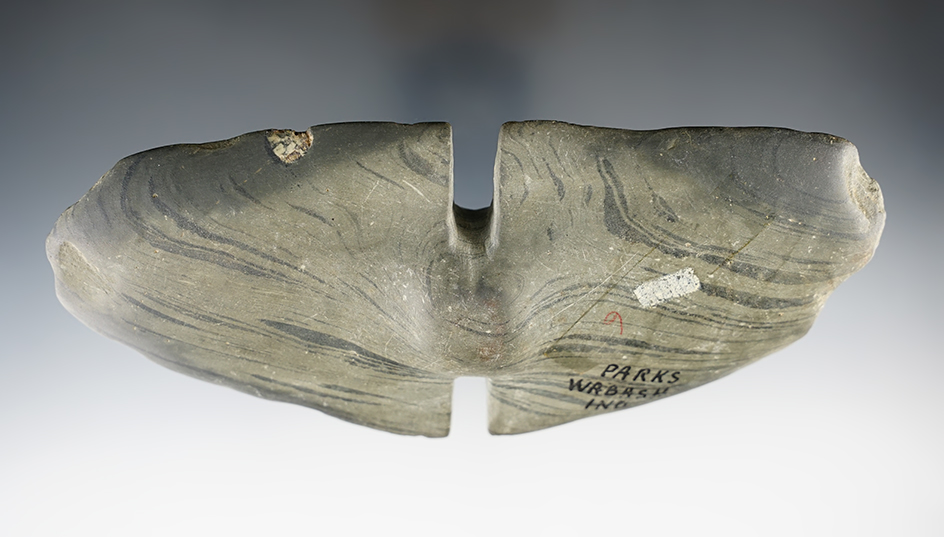 6 1/2" wide Undrilled Wing Bannerstone found in Wabash Co., Indiana. Ex. Parks.