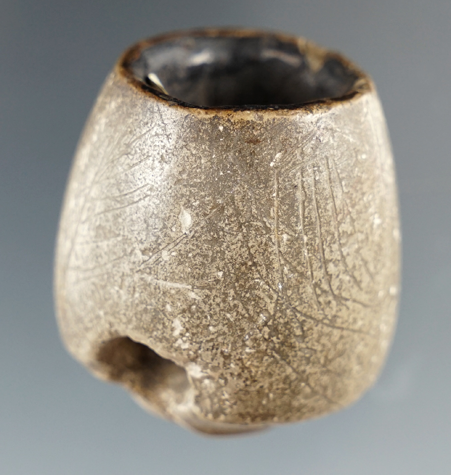 Beautiful engravings on the exterior of this 1 1/2" tall vasiform stone Pipe - Jefferson Co., NY.