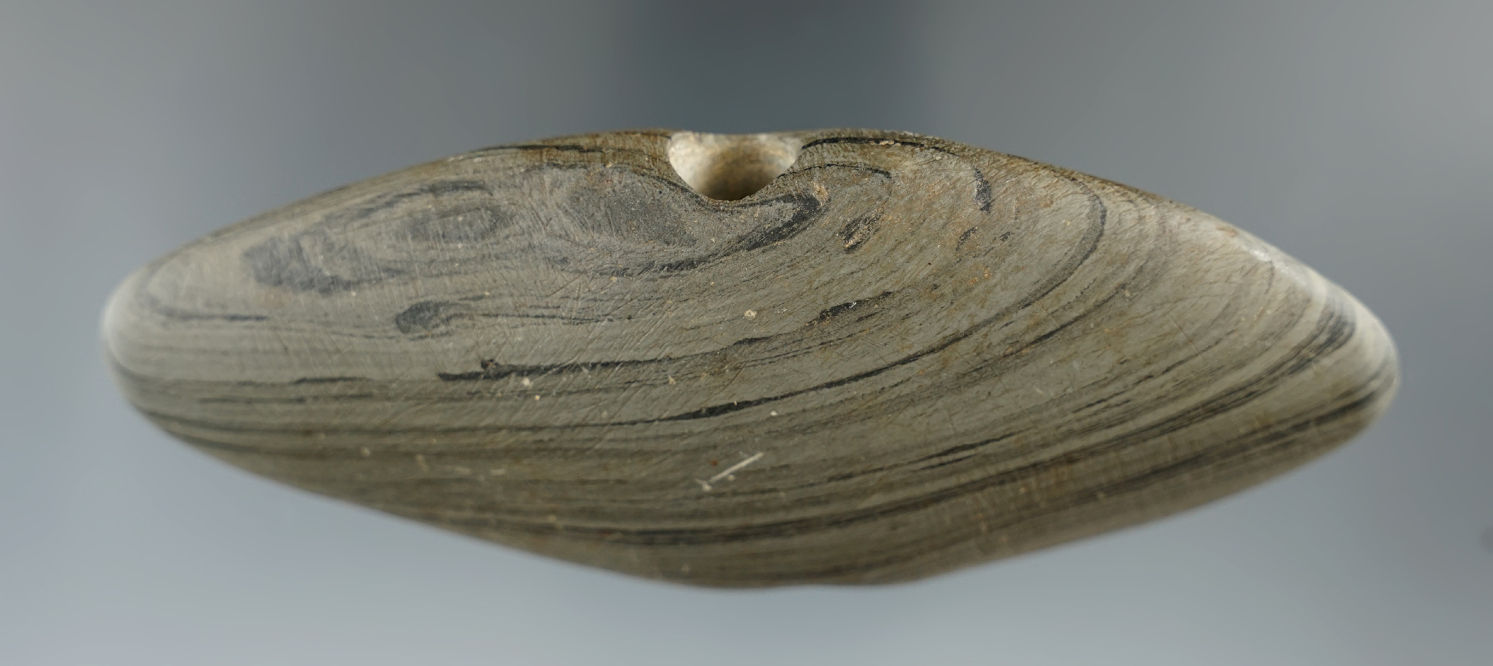 4 3/4" banded slate Bannerstone in nice condition found in Ohio.