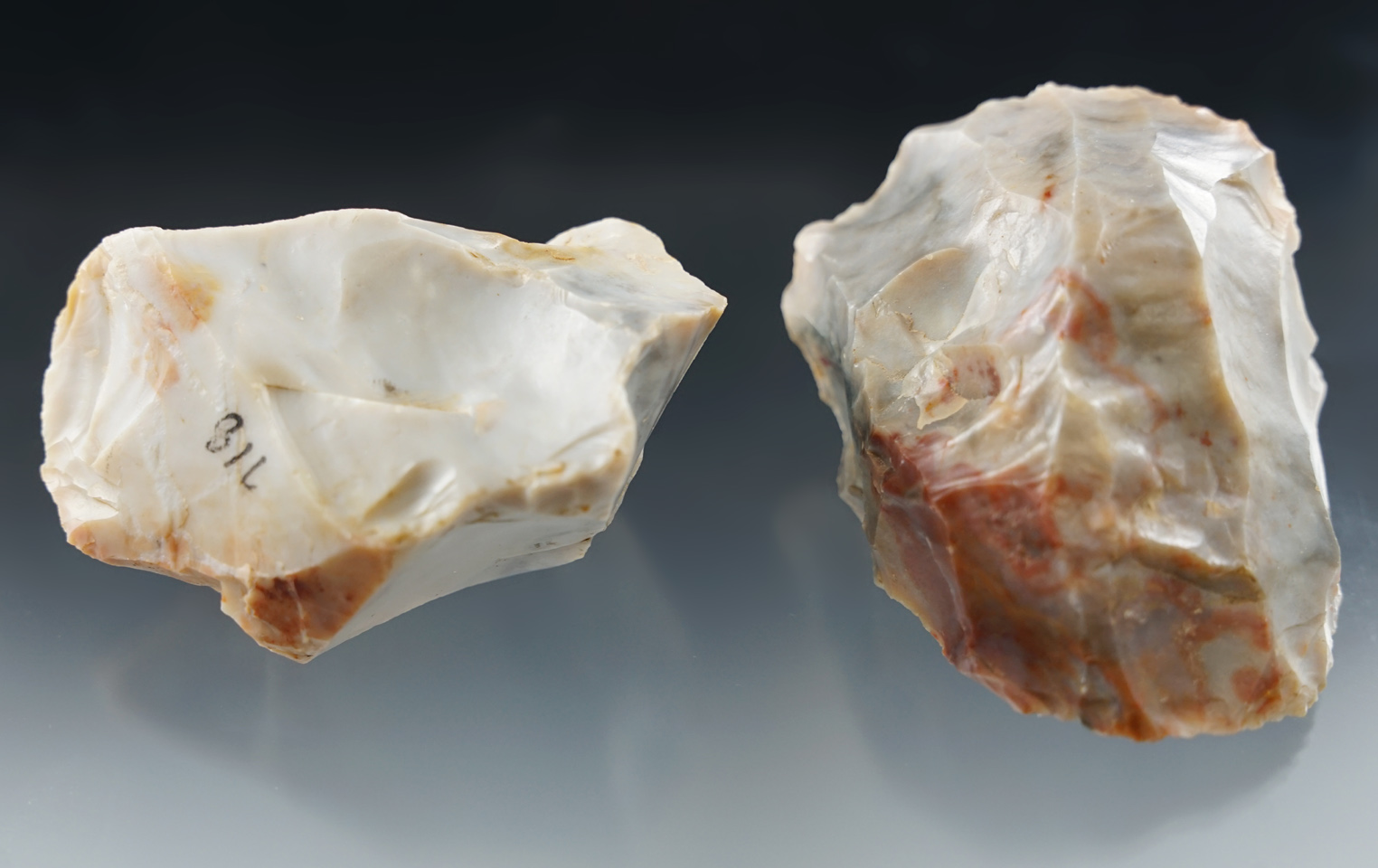 Pair of colorful Flint Ridge flint cores found in Licking Co., Ohio.