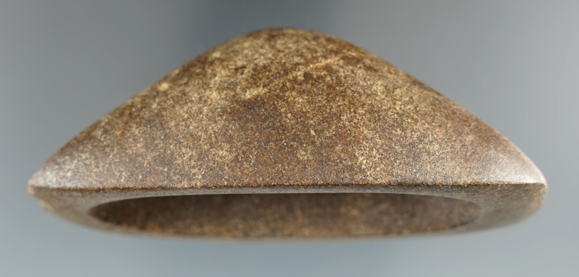 Pictured! 3 7/16" deeply scooped Boatstone - Ohio. Restoration to 1 end and part of one side.