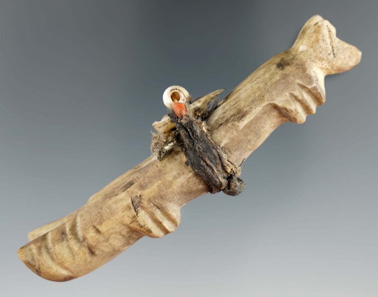 Rare! 3 7/8" Zuni Fetish that is nicely carved from bone with red glass trade tube beads