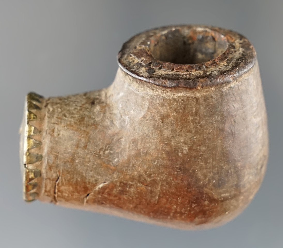 1 3/4" rare wooden Elbow Pipe with Brass inserts at bowl and stem Upstate New York.