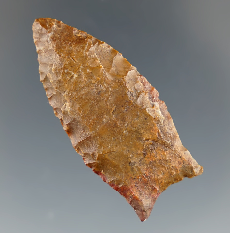 Rare style! 1 15/16" Jasper Paleo Barnes fluted with minor restoration to one basal corner nick.