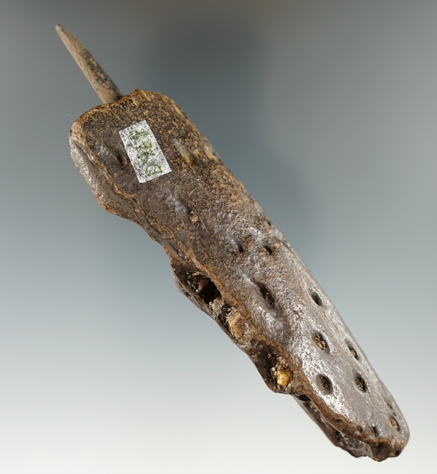 5" bone awl inserted into its original bone handle that is nicely River patinated.