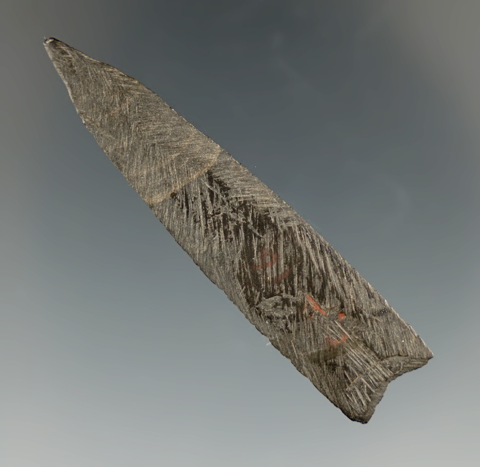 Thin and well styled 2 1/4" slate projectile points found in Alaska. Comes with a Bennett COA.