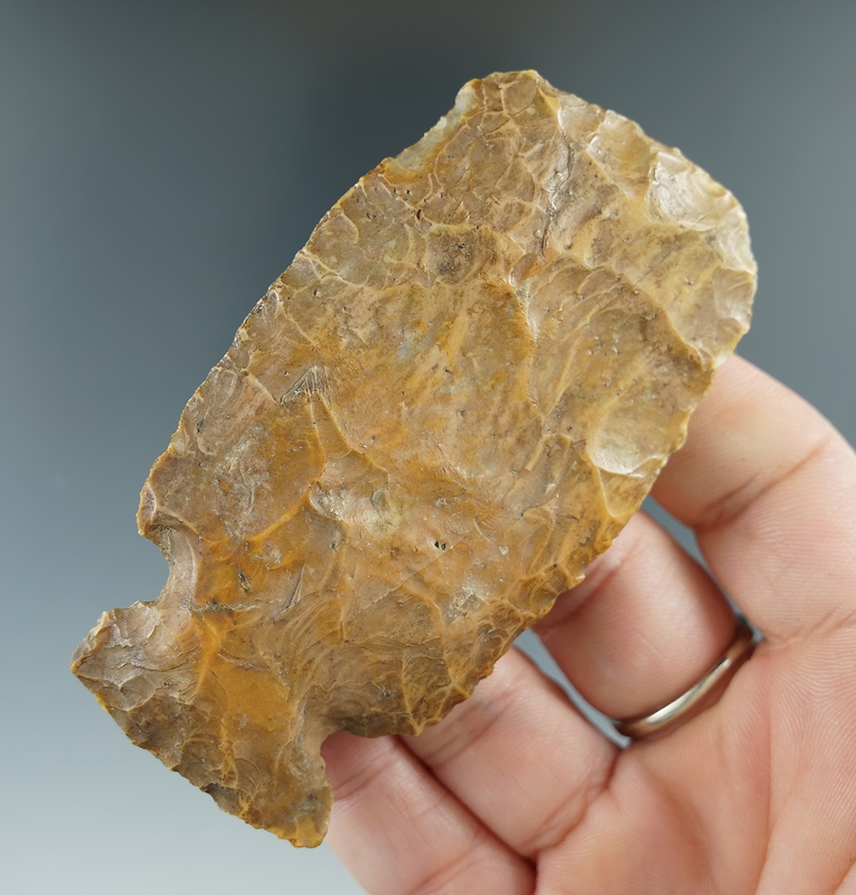 Very heavily patinated 3 1/4" hafted scraper or chisel found in Illinois.