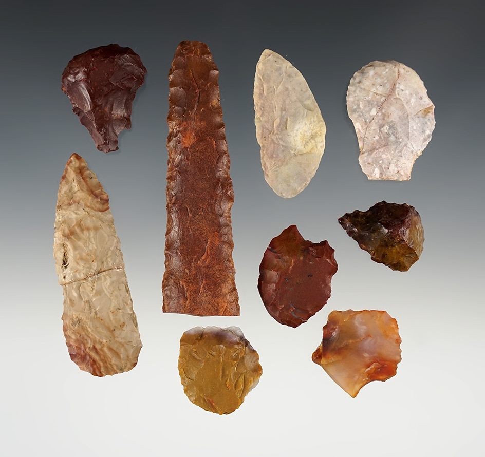 Set of Scrapers and Knives found near the Columbia River, Washington. The largest is 3 1/8".