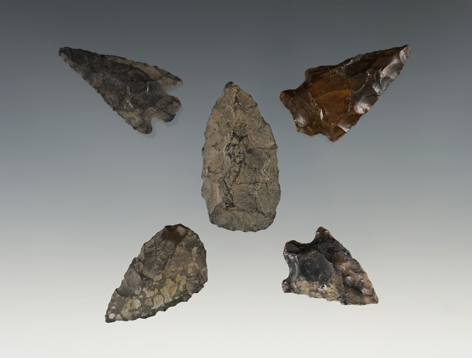 Set of 5 assorted points found in Idaho in the 1940's - 50's. The largest is 1 7/16"