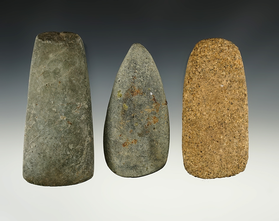 Set of 3 nice Hardstone tools including 2 Celts and 1 Adze. The largest is 4 1/4".