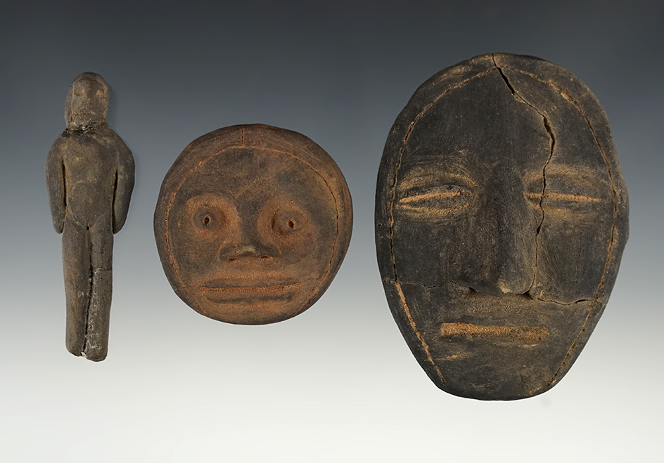 Set of 3 Human Effigy Clay Artifacts. Exact found location unknown. Largest is glued.