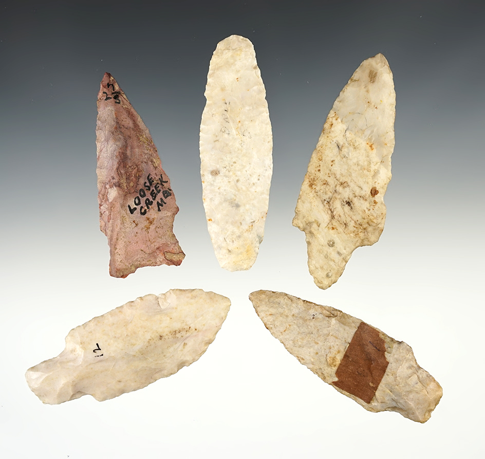 Set of 5 well made points from the Missouri/Illinois area. The largest is 3 5/16".