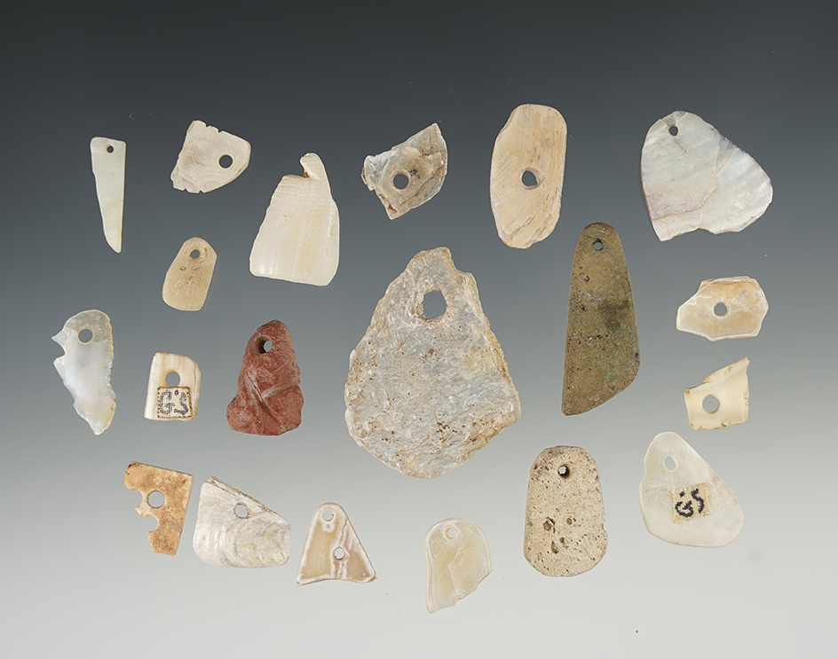 Group of assorted stone and shell Ornaments. Found in New Mexico. Largest is 1 1/2".