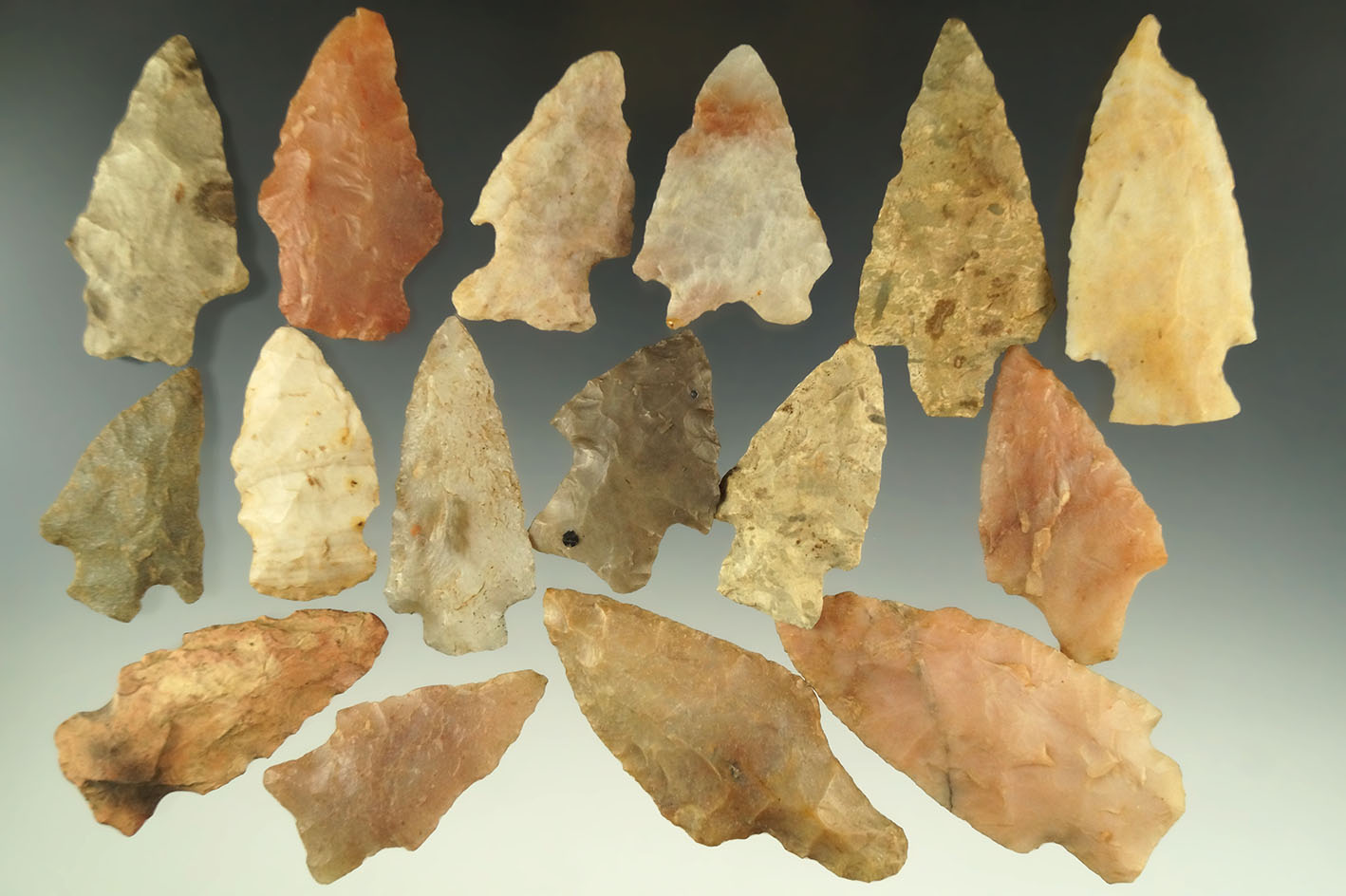 Set of 16 assorted arrowheads found in Arkansas, largest is 2 5/8".