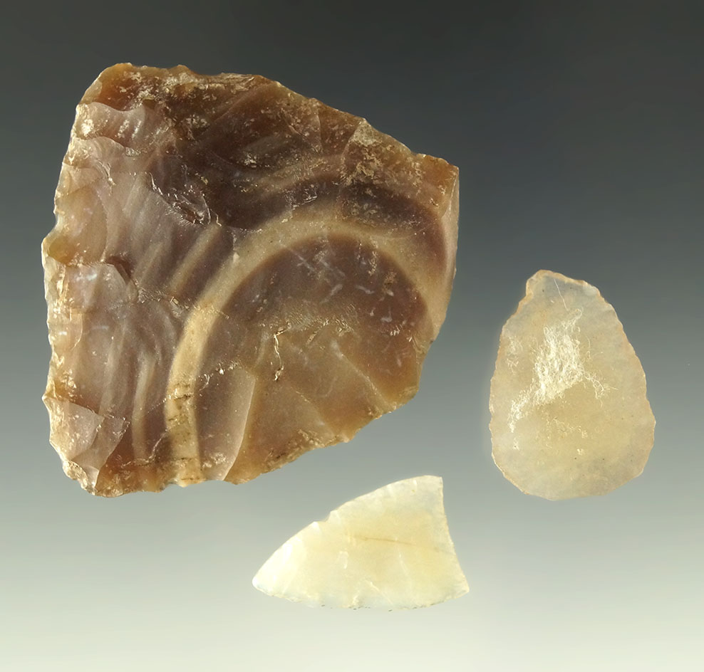 Set of three flaked artifacts found in South Dakota, largest is 1 3/4".