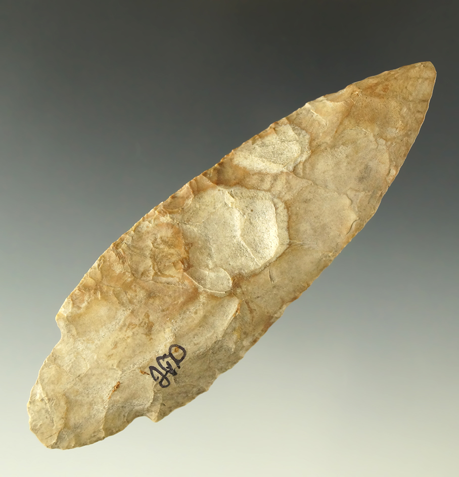 4 5/16" large Adena found in Indiana with professionally completed restoration to 1" of tip.