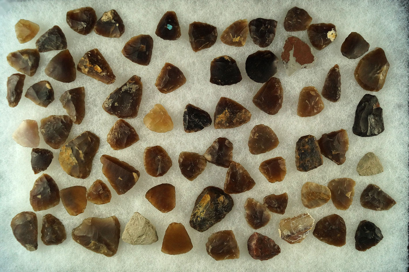 Large group of thumb scrapers, most are Knife River Flint found in the Dakotas. Largest is 1 5/16".